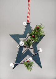 36cm Green Wooden Star Wall Hanging Ornament Decorated with White Bells Berries and Pines Christmas Holiday Home Decorations