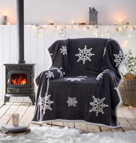 Portfolio Living Snowflake Throw Grey Fleece Blanket Reversible Sherpa 130x170cm