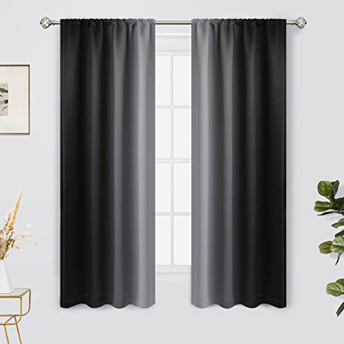 Yakamok Black and Greyish White Rod Pocket Ombre Curtains, Light Blocking Gradient Color Curtains, Room Darkening Thermal Insulated Window Drapes for Living Room/Bedroom(2 Panels, 42W x 63L Inch)
