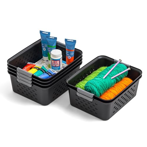 IRIS Storage Basket, Black, Medium-6 Pack - Organize pantry items, office supplies, crafts, accessories, and household essentials with easy-carry storage for shelves