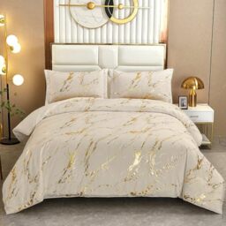 "WONGS BEDDING Gold Metallic Marble Khaki Comforter Set California King Foil Print Glitter Bedding Sets with 2 Pillowcases for All Seasons, Soft Microfiber Filling Bedding Duvet Set 104""x96"""