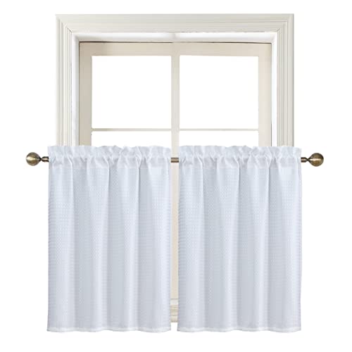 Home Queen White Water Resistant Bathroom Window Curtains,28WX36L Inch - Raised Dot Waffle Textured Shower Window Curtains, Rod Pocket Light Filtering Kitchen Curtains, 2 Panels
