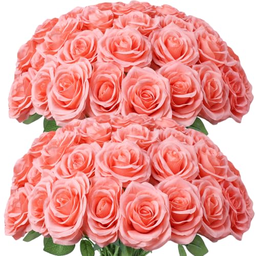 LVEFIT 50pcs Artificial Rose Flower Coral Peach Flower with Long Stem Silk Roses Bouquet for Wedding Bridal Shower Party Home Decoration