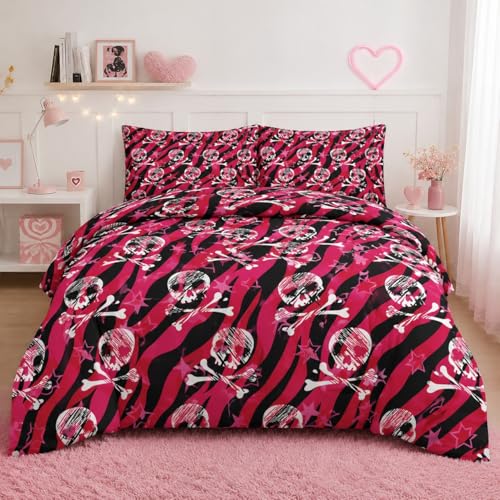 Pamnest Comforter Set Queen Size, Zebra Skull Rock Soft 3 Pcs Bedding for Kids and Adults, Animal Roll Pink Comforter Set with 2 Pillowcases, for Bedroom Bed Decor