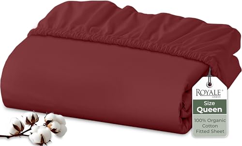 "Royale Linens 100% Organic Cotton Fitted Sheet - Percale Weave - Super Soft Deep Pocket Bottom Sheets - Elastic Sheet Queen Size - Queen Fitted Sheets Only - (60""x80""+15"", Red)"