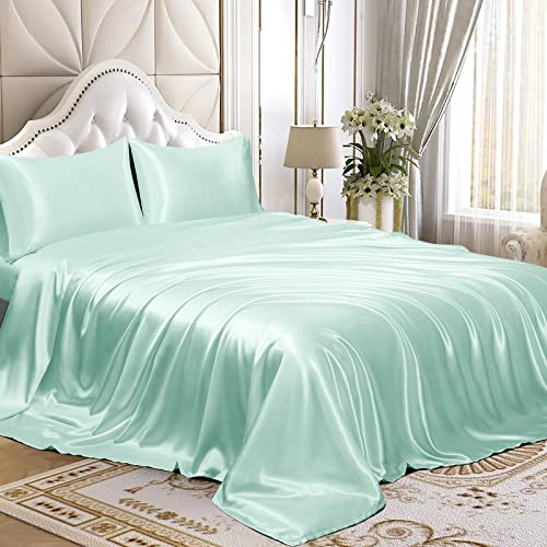 Homiest King Mint Green Deep Pocket Satin Sheets, 4-Piece - 15-Inch Deep Pocket Design, Silky Soft for Hair And Skin, Wrinkle And Fade Resistant, Machine Washable, Glossy Finish