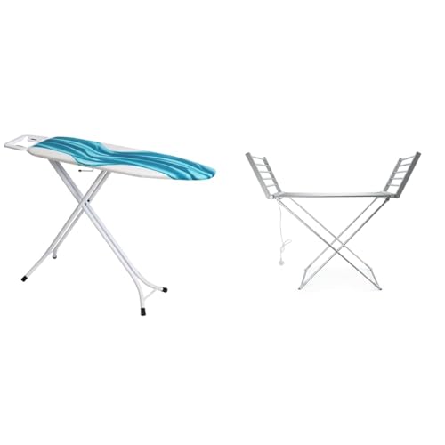 Mabel Home Adjustable Height, Deluxe, 4-Leg, Ironing Board, Extra Cover, Blue/White Patterned & Status Heated Clothes Airer - Aluminium Clothes Drying Rack - AHCA-220W1PKB