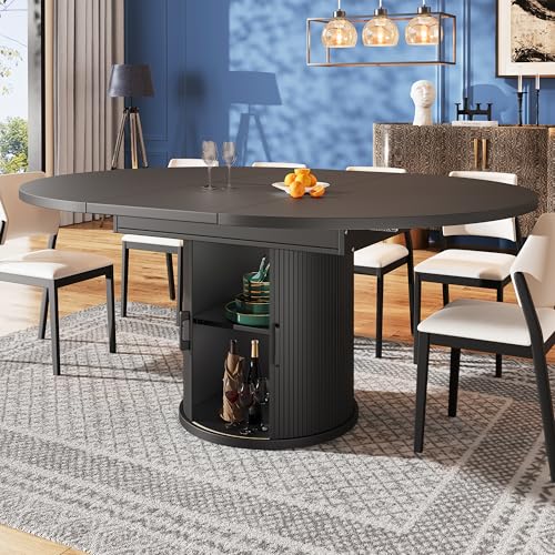 FAVSH Extendable Dining Table with Sliding Storage Door,Extendable Table Top Round Dining Table,Extends to Oval,118–158 cm,Seats Up to 6 People,for Small Space,Dining Room,Black