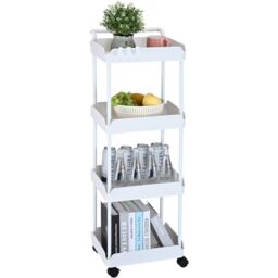 VEVOR 4-Tier Rolling Utility Cart, Kitchen Cart with Lockable Wheels, Multi-Functional Storage Trolley with Handle for Office, Living Room, Kitchen, Movable Storage Basket Organizer Shelves, White