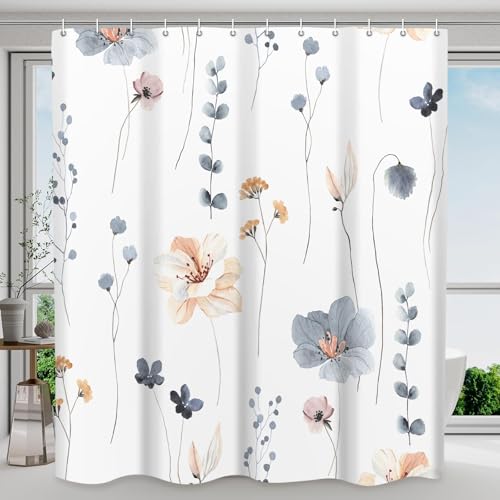WITHLOC Shower Curtain Watercolor Flower Shower Curtain Sets - Spring Blue Beige Floral Plant Shower Curtains for Bathroom Washable,Fabric Modern Cloth with Hooks,72 x 72