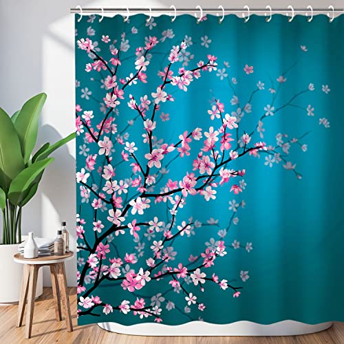 "LIVILAN Cherry Blossom Shower Curtain - Japanese Floral Sakura Plum Blossom Flower With 12 Hooks, Teal Blue and Pink, 72"" W x 78"" H"