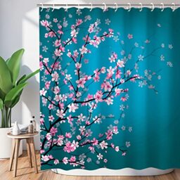 "LIVILAN Cherry Blossom Shower Curtain - Japanese Floral Sakura Plum Blossom Flower With 12 Hooks, Teal Blue and Pink, 72"" W x 78"" H"