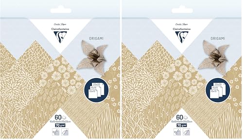 Clairefontaine 95355C 60 Sheets Origami Paper 70g 3 Sizes 10x10cm 15x15cm 20x20cm 10 AST Coloured Motifs 2 per Size Creative Adults Children Kraft Floral (Pack of 2)