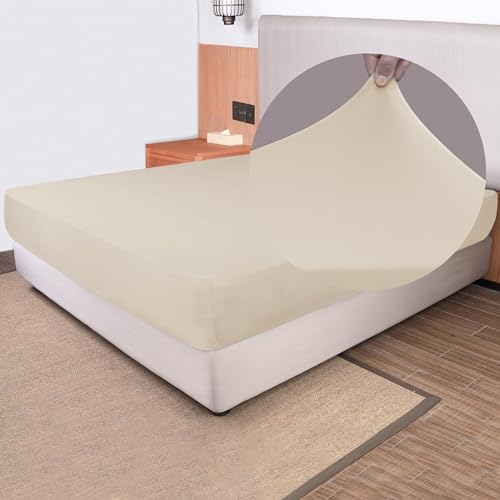 Soft Stretch Full Size Fitted Sheet Only - Jersey Knit & Cozy T-Shirt Like, 4-Way Stretchy Snug Fit & Wrinkle Free, No More Slipping Mattress Sheets - Creamy Beige, Full