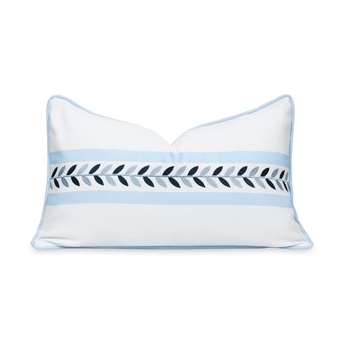 "Hofdeco Premium Coastal Patio Indoor Outdoor Lumbar Pillow Cover Only, 12""x20"" Water Repellent for Backyard, Couch, Baby Blue Embroidered Frame Leafs with Piping"