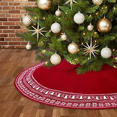 Dremisland Christmas Tree Skirt Luxury Cable Knitted Thick Rustic Xmas Tree Decoration Red Tree Skirt with Snowflake Xmas Tree Farmhouse Christmas Decor Holiday Home Party Decor (36inch/90cm, Red)