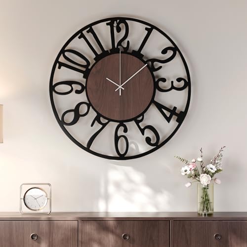 Large Wall Clock for Living Room Decor, 24 inch Decorative Wood Wall Clocks Silent Non Ticking Battery Operated, Black Metal Clock for Farmhouse, Dining Room, Bedroom, Kitchen - Arabic Numerals