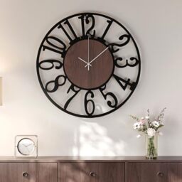 Large Wall Clock for Living Room Decor, 24 inch Decorative Wood Wall Clocks Silent Non Ticking Battery Operated, Black Metal Clock for Farmhouse, Dining Room, Bedroom, Kitchen - Arabic Numerals