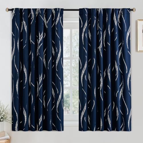 Yakamok Blackout Curtains for Livingroom, Curtains 63 Inch Long - Navy Blue and Silver Waver Curtains with Pattern, Back Tab Room Darkening Drapes for Bedroom (52W x 63L Inch, Navy Blue, 2 Panels)