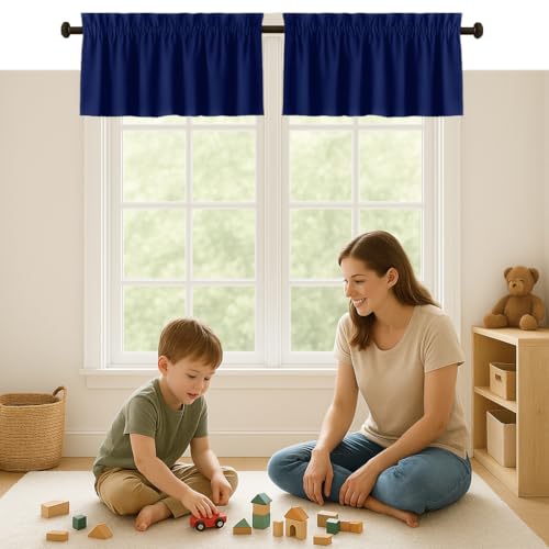 Softopia Cotton Set of 2 Valance Curtains for Windows 54x18 for Living Room Bedroom Kitchen Windows Bathroom, 100% Cotton Farmhouse Vintage Curtain Valances Rod Pocket - Indigo Blue