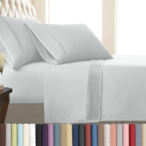 Southshore Fine Living, Inc. Pleated Hem, King Size Sheets Set 4 Piece, 21 Inch Deep Pocket Bed Sheets, Breathable Microfiber Pet Hair Resistant, White King Sheets, Embroidered Hem, Bright White