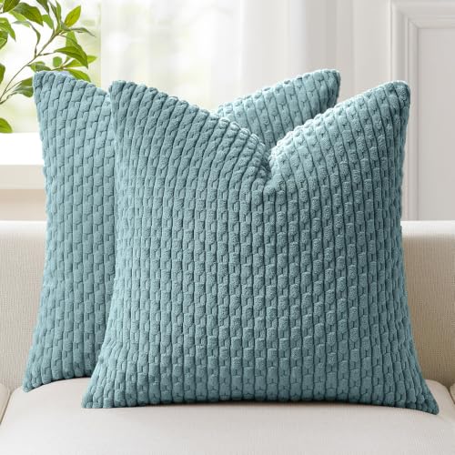 Kevin Textile Throw Pillow Covers Soft Corduroy Decorative Set of 2 Boho Striped Pillow Covers Pillowcases Farmhouse Home Decor for Couch Bed Sofa Living Room 18x18 Inch Blue Grey