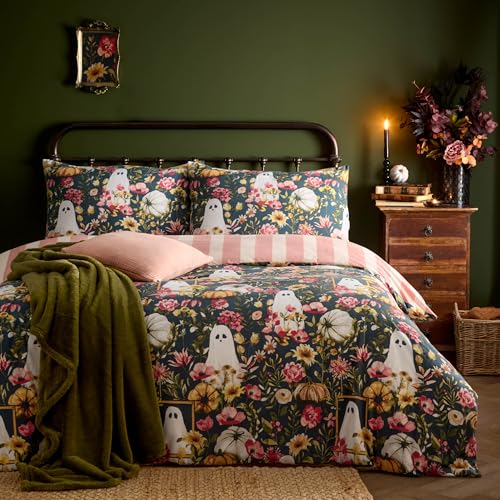 furn. Bootanical Duvet Cover Set – Reversible Autumnal Floral Halloween Ghost Bedding (Multicolour - King)