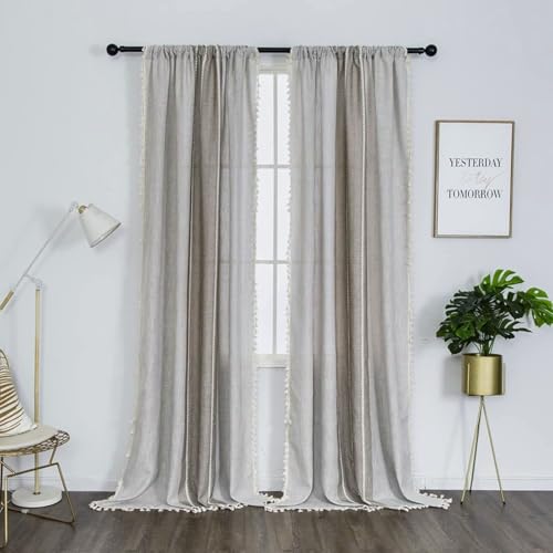 "1 Pair Cotton Linen Boho Curtains with Tassel, Semi-Blackout Farmhouse Curtains for Bedroom Living Room (Beige and Coffee, 2 PCS 54"" x 84"")"