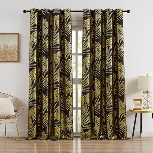 "Ronaldecor Black Gold Leaf Print Full Blackout Window Curtains 52"" Wx84 Lx2 - Tropical Golden Foil Leaves, Thermal Insulated Room Darkening Drapes for Bedroom Living Room, Metallic Print, Grommet Top"