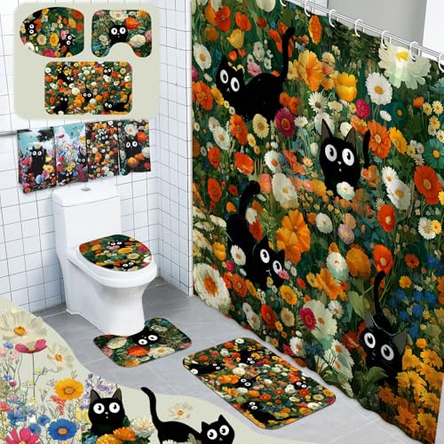 Tatuo 8 Pcs Black Cat Themed Shower Curtain Sets for Bathroom Cute Floral Aesthetic Bathroom Accessories Retro Cat Lover Gifts Shower Curtain Sets with Towels Carpet Bath Mat Toilet Rugs and 12 Hooks