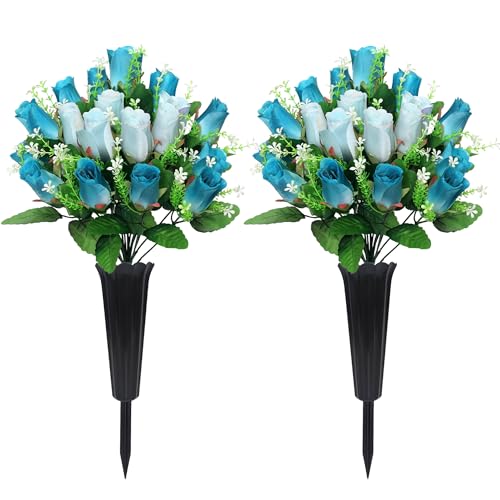 2 Sets Artificial Cemetery Flowers with Vase ??? Memorial Flowers Bouquet & Heavy-Ground Spike Vases ??? Fade-Proof, Windproof Grave Memorial Flowers for Cemetery Headstones Decoration (Deep blue white)