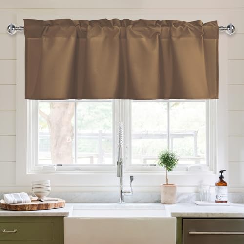 XWZO Kitchen Valances Curtains for Windows Living Room Bedroom Bathroom Toppers Farmhouse Style Rustic Dinning Room Thermal Insulated Rod Pocket, W52 x L18 Inch Length, Brown, 1 Panel