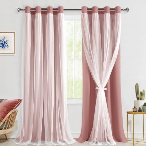 Hiasan Mix & Match Blackout Curtains with Sheer Overlay, Double Layer Thermal Insulated Privacy Grommet Window Curtains for Girls Bedroom,Living Room,2 Drape Panels with Tiebacks,Dusty Pink,52W X 96L