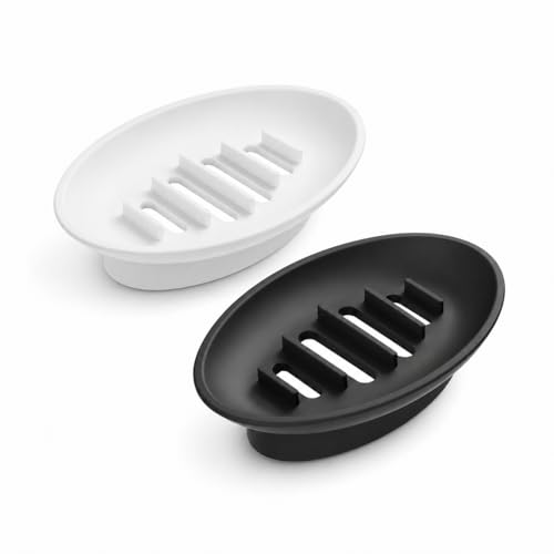 JADUFHU 2 Pack Soap Dish, Oval Non Slip Soap Dish, Soap Dish Drain Holder for Bathroom Shower Sink Kitchen, Household Soap Holder (Black & White)