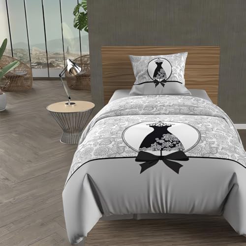 Soleil d'ocre Black Dress Duvet Cover + 1 Pillowcase, Cotton, Grey, 140 x 200 cm