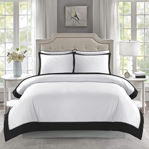 GC GAVENO CAVAILIA Plain King Size Duvet Cover - Polycotton Frill Bedding Set - Soft Hypoallergenic Quilt Cover King with Pillowcases (230x220 cm) - Washable Bed Linen - White/Black