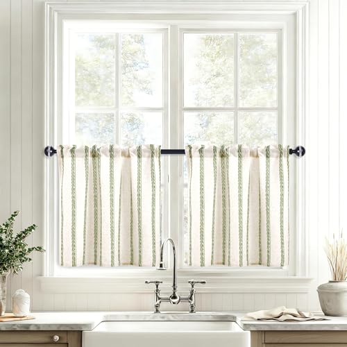 JIUZHEN Farmhouse Striped Linen Kitchen Curtains 2 Panels - Short Tier Drapes 24 Inch Length, Rod Pocket Rustic Window Treatment for Bathroom Living Room, Wheat Stripe Green