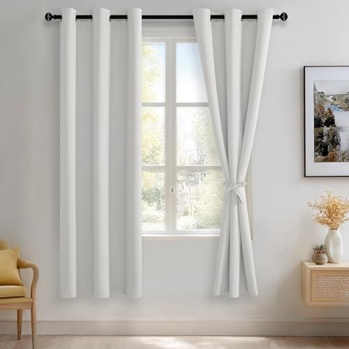 JIUZHEN Greyish White Blackout Curtains with Tiebacks Thermal Insulated, Light Blocking and Noise Reducing Grommet Curtains for and Living Room, Set of 2 Window Curtain Panels, 42 x 72 Inch Length