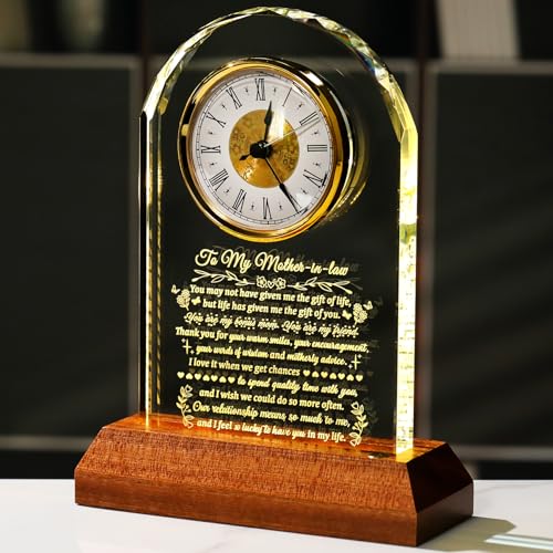 Arikyrist Gifts for Mother in Law Glass Clock from Daughter/Son in Law - to My Mother in Law, Unique Gift Idea for Bonus Mom, for Mothers Day Christmas Birthday, with Wooden Light Base, Table Decor