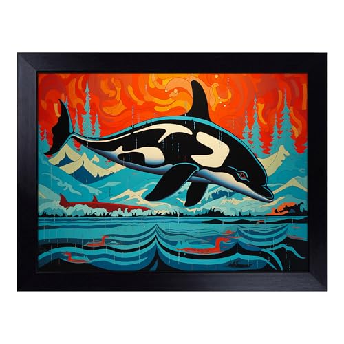 Lap Tray with Bean Bag Cushion, Orca Whale Hard Edge - Handmade in the UK, Raised Wooden Edge, Padded Cushion, Heat-Resistant Wipe-Clean Surface, for Meals, Laptops and Crafts