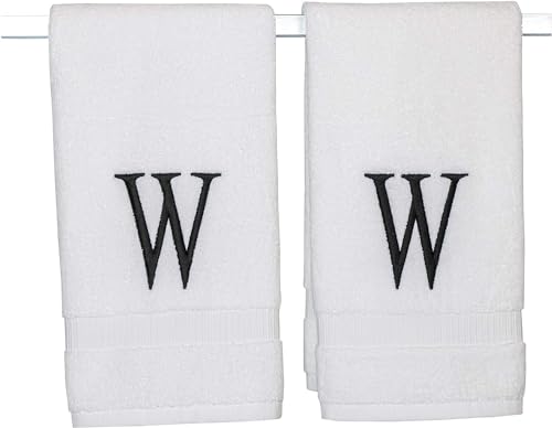 Decorvo Black Luxury Hand Towel for Bathroom - Monogrammed Initial Hotel Quality Decorative Embroidered Towel for Powder Room, Spa - GOTS Organic Certified - Set of 2 Letter W