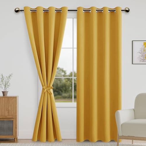 DWCN Blackout Curtains for Bedroom with Tiebacks - Room Darkening Privacy Grommet Top Window Curtains for Living Room, 52 x 96, Mustard Yellow, Set of 2 Panels