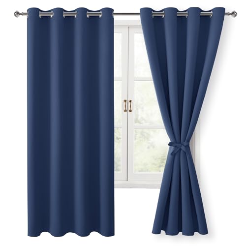 Hiasan Blackout Curtains for Bedroom, 52 x 63 Inches Length - Thermal Insulated & Energy Saving Window Curtains for Living Room, 2 Drape Panels Sewn with Tiebacks, Navy