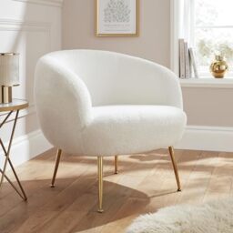 GFW Ada Accent Chair Cream Teddy Bouclé, Upholstered Tub Chair with Curved Back and Gold Metal Legs, Modern Occasional Chair