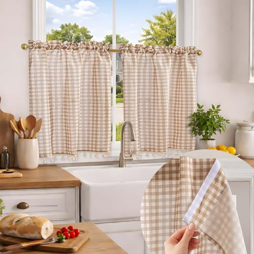Jilron No Drill Gingham Check Linen Kitchen Curtains ??? Farmhouse Rustic Tier Drapes for Small Cafe Windows-Creamy Beige Check(W 34*L 24in-2-Panel)