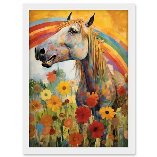 Artery8 Girls Bedroom Nursery Artwork Rainbow Horse With Flowers Bright Colourful Happy Artwork Framed A3 Wall Art Print