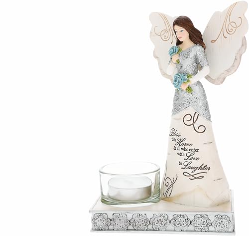 "Pavilion - Bless This Home - 6.75"" Angel Figurine Tealight Candle Holder Religious Bestie BFF Best Friend God Jesus Lover Christian Christ Gift Housewarming Present"