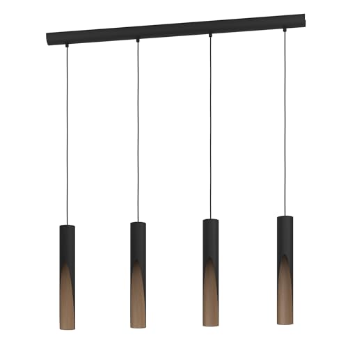 Eglo LED Pendant Light Barbotto, 3 lamp Ceiling Light Fitting with indirect Lighting, Hanging lamp for Dining and Living Room, Metal in Black and Wood Effect, GU10 Bulb, Warm White