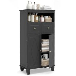 RELAX4LIFE Floor Bathroom Cabinet, 108 x 56cm High Freestanding Storage Cupboard with Double Doors, Adjustable Shelf and 2 Drawers, Wooden Floor Cabinet Storage Unit Furniture (Black)