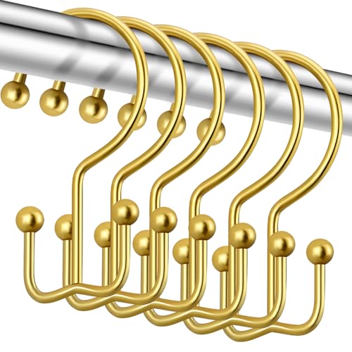 CHICTIE Gold Shower Curtain Hooks, Double Shower Curtain Rings, Stainless Steel Shower Curtain Hooks Rings Rust Proof, Anti-Drop Shower Hooks Hangers for Shower Curtain Rods Bathroom (12 Pack)